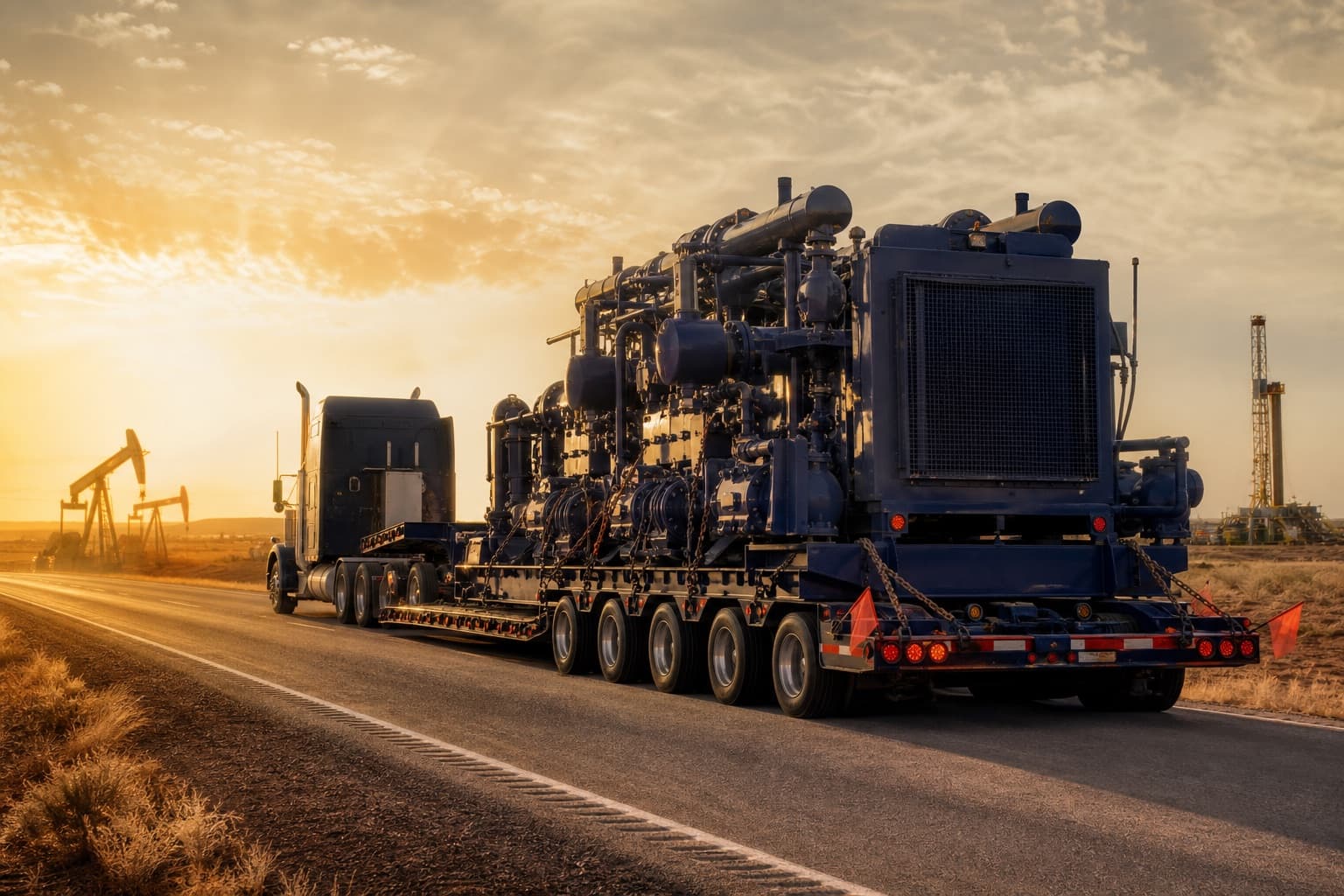 Heavy-haul tractor moving oversized oilfield equipment across West Texas