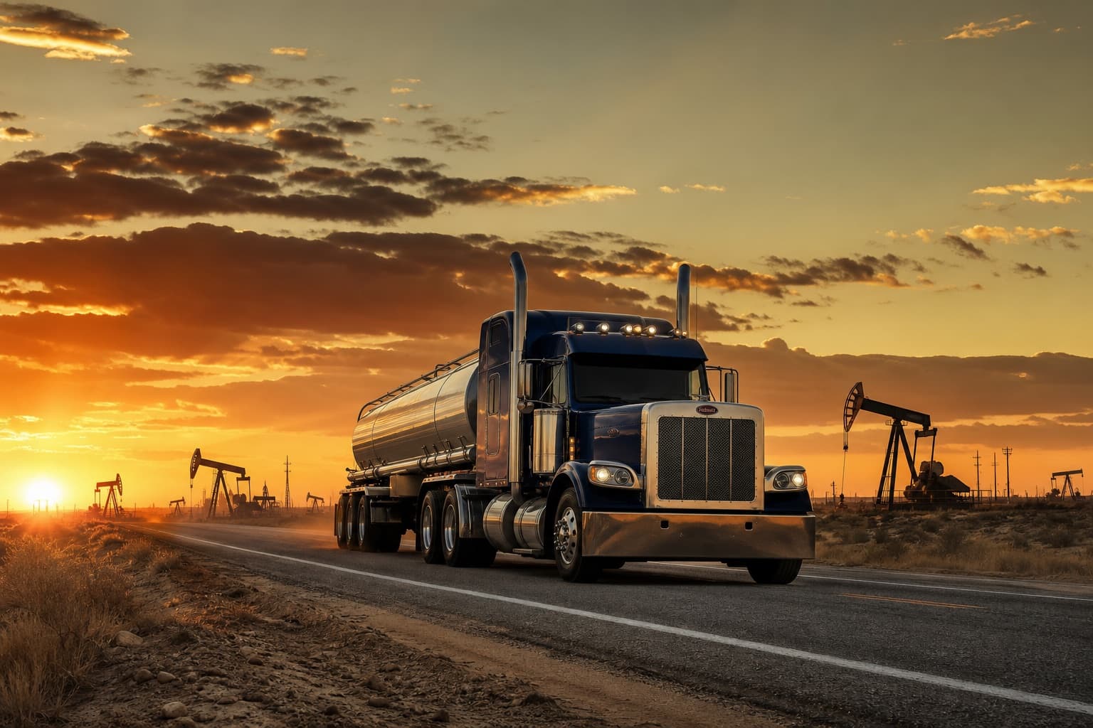 Zepton Star tanker running a West Texas highway past Permian oilfields at golden hour