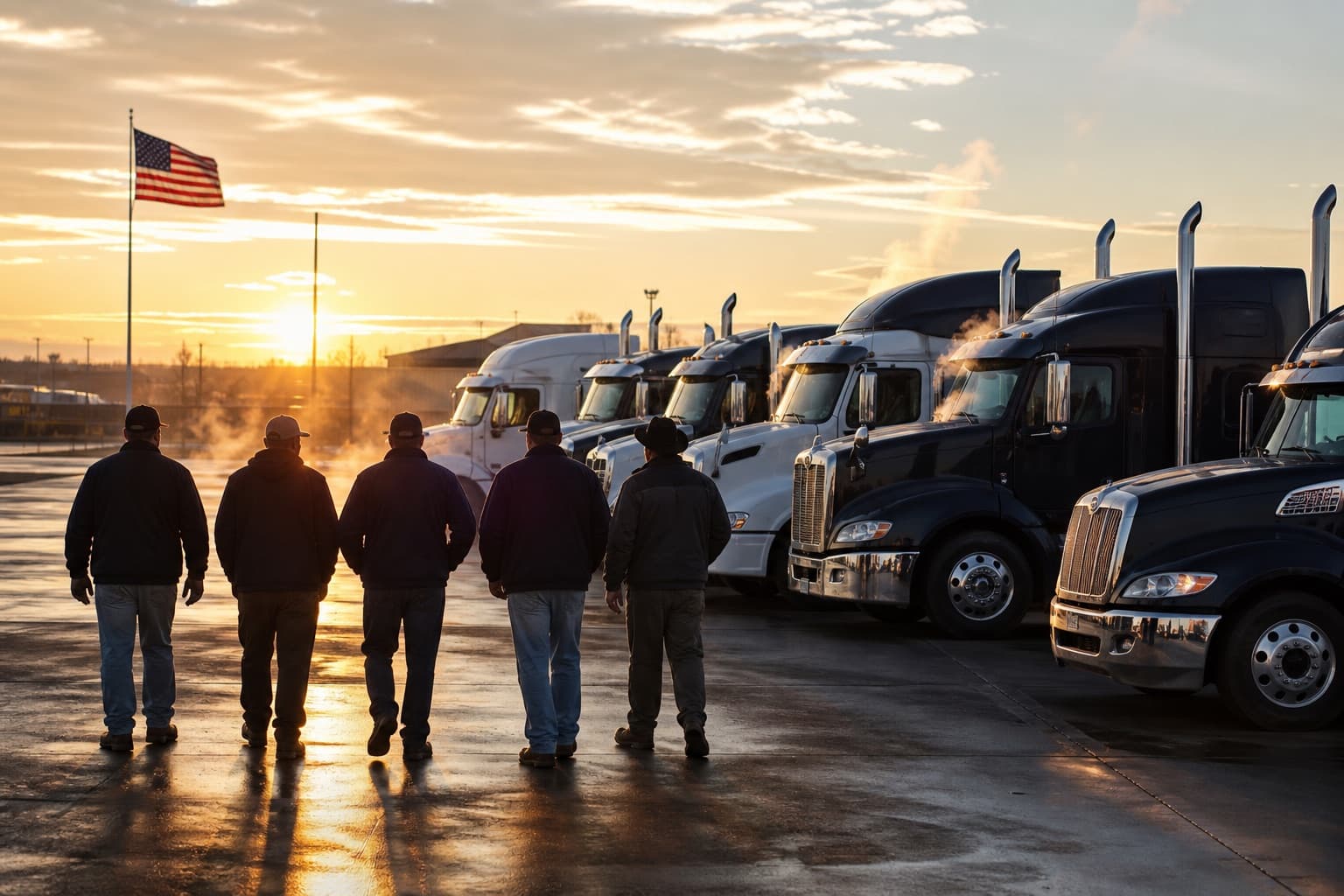 Zepton Star drivers walking toward the fleet at dawn