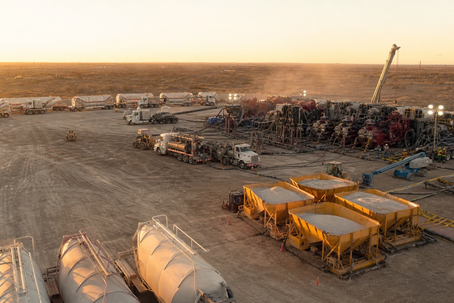 Frac sand hoppers and last-mile pad logistics at a completions site