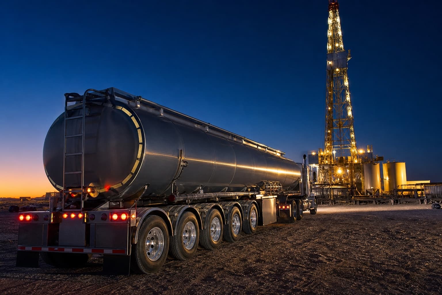 Crude tanker staged at a Permian wellsite at dusk